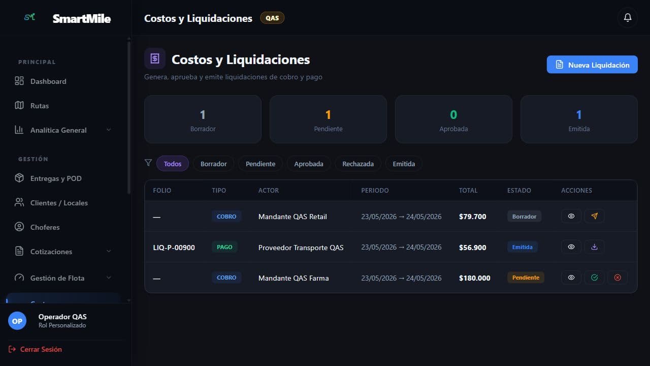 Modulo de costos y liquidaciones de SmartMile